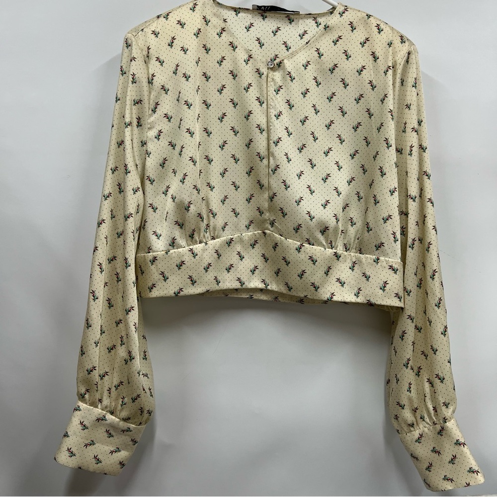 ZARA Satin Floral Crop Crew Neck Cut Out Long Sleeve Blouse Top Size xl